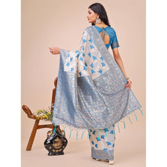 Generic Women's Linen Cotton Printed Saree With Unstitched Blouse 5.5Mtr (Sky Blue)