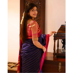 Generic Women's Silk Printed Saree With Unstitched Blouse 5.5Mtr (Navy Blue)