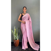 Generic Women's Chiffon Striped Ready to wear Saree With Unstitched Blouse 5.5 Mtr (Pink)