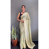 Generic Women's Chiffon Striped Ready to wear Saree With Unstitched Blouse 5.5 Mtr (Pista )