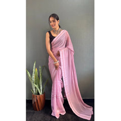 Generic Women's Chiffon Striped Ready to wear Saree With Unstitched Blouse 5.5 Mtr (Pink)