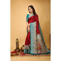 Generic Women's Soft Dola Cotton Kalamkari Printed Saree With Unstitched Blouse 5.5Mtr (Red)