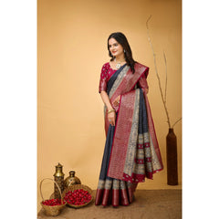 Generic Women's Soft Dola Cotton Kalamkari Printed Saree With Unstitched Blouse 5.5Mtr (Grey)