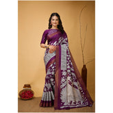 Generic Women's Soft Handloom Cotton Kalamkari Printed Saree With Unstitched Blouse 5.5Mtr (Purple)