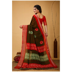 Generic Women's Soft Blooming Marshmallow Fabric Kalamkari Printed Saree With Unstitched Blouse 5.5Mtr (Mehendi)