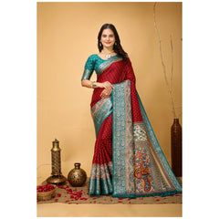 Generic Women's Soft Dola Cotton Kalamkari Printed Saree With Unstitched Blouse 5.5Mtr (Red)