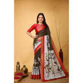 Generic Women's Soft Handloom Cotton Kalamkari Printed Saree With Unstitched Blouse 5.5Mtr (Brown)