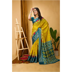 Generic Women's Soft Dola Cotton Kalamkari Printed Saree With Unstitched Blouse 5.5Mtr (Yellow)