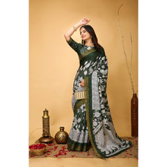 Generic Women's Soft Handloom Cotton Kalamkari Printed Saree With Unstitched Blouse 5.5Mtr (Green)