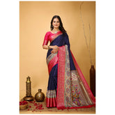 Generic Women's Soft Dola Cotton Kalamkari Printed Saree With Unstitched Blouse 5.5Mtr (Navy Blue)