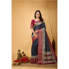 Generic Women's Soft Dola Cotton Kalamkari Printed Saree With Unstitched Blouse 5.5Mtr (Grey)