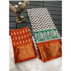Generic Women's Soft Dola Cotton Kalamkari Printed Saree With Unstitched Blouse 5.5Mtr (Orange)