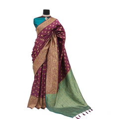 Generic Women's Banarasi Printed Saree With Unstitched Blouse 5.5Mtr (Purple)