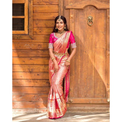 Generic Women's Silk Blend Self Design Banarasi Saree With Unstitched Blouse (5.5Mtr, Peach)
