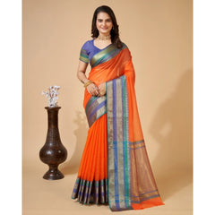 Generic Women's Cotton Blend Woven Saree With Unstitched Blouse (5.5Mtr, Orange)