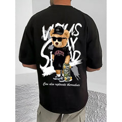 Generic Men's Casual Cotton Blend Printed Round Neck Half Sleeve T-Shirt (Black)