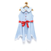 Generic Girl's Denim Lace Solid Sleeveless Shirt collar Dress (Light Blue)