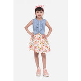 Generic Girl's Denim-Cotton Floral Printed Sleeveless Round Neck Dress (Multicolor)