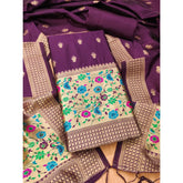 Generic Women's Banarasi Silk Printed Unstitched Salwar Suit Material With Dupatta (Wine, 3Mtrs)
