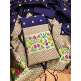 Generic Women's Banarasi Silk Printed Unstitched Salwar Suit Material With Dupatta (Navy Blue, 3Mtrs)