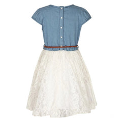 Generic Girl's Denim Embroidery Short Sleeve Round Neck Dress (White)