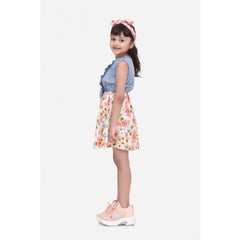 Generic Girl's Denim-Cotton Floral Printed Sleeveless Round Neck Dress (Multicolor)