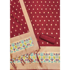 Generic Women's Banarasi Silk Printed Unstitched Salwar Suit Material With Dupatta (Maroon, 3Mtrs)
