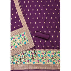 Generic Women's Banarasi Silk Printed Unstitched Salwar Suit Material With Dupatta (Wine, 3Mtrs)