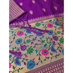 Generic Women's Banarasi Silk Printed Unstitched Salwar Suit Material With Dupatta (Purple, 3Mtrs)