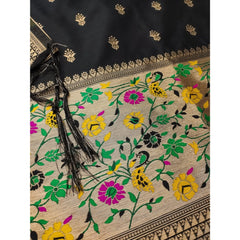 Generic Women's Banarasi Silk Printed Unstitched Salwar Suit Material With Dupatta (Black, 3Mtrs)