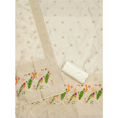 Generic Women's Banarasi Silk Printed Unstitched Salwar Suit Material With Dupatta (White, 3Mtrs)