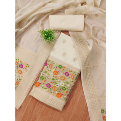 Generic Women's Banarasi Silk Printed Unstitched Salwar Suit Material With Dupatta (White, 3Mtrs)