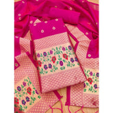 Generic Women's Banarasi Silk Printed Unstitched Salwar Suit Material With Dupatta (Pink, 3Mtrs)