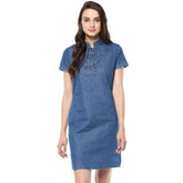 Generic Women's Denim Solid Tie-Up Neck Short Sleeve Dress (Blue)