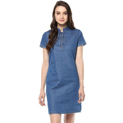Generic Women's Denim Solid Tie-Up Neck Short Sleeve Dress (Blue)