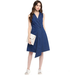 Generic Women's Denim Solid Collar Neck Sleeveless Dress (Blue)