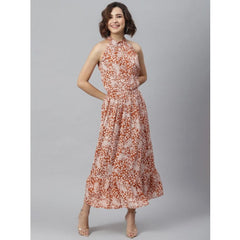 Generic Women's Polyester Printed Halter Neck Sleeveless Dress (Rust)