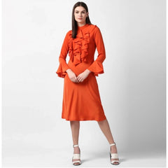 Generic Women's Polyester Ruffled Close Neck Long Sleeves Dress (Orange)