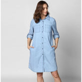Generic Women's Denim Solid Collar Neck Roll Up Sleeve Dress (Blue)