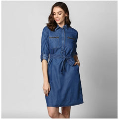 Generic Women's Denim Solid Collar Neck Roll Up Sleeve Dress (Blue)