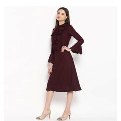 Generic Women's Polyester Ruffled Close Neck Bell Sleeve Dress (Maroon)