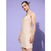 Generic Women's Polyester Lycra Embellished Square Neck Sleeveless Dress (Gold)