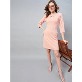 Generic Women's Polyester Jacquard Self Design Round Neck 3/4th Sleeves Dress (Pink)
