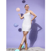 Generic Women's Polyester Lycra Embellished Square Neck Sleeveless Dress (Silver)