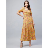 Generic Women's Polyester Moss Floral Square Neck Half Sleeve Dress (Pink)