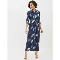 Generic Women's Rayon Floral Collar Neck Long Sleeves Dress (Blue)