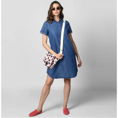 Generic Women's Denim Solid Collar Neck Short Sleeve Dress (Blue)