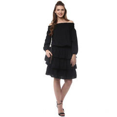 Generic Women's Polyester Moss Solid Off-Shoulder Long Sleeves Dress (Black)