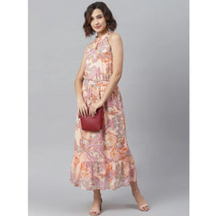 Generic Women's Polyester Maxi Halter Neck Sleeveless Dress (Peach)