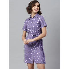 Generic Women's Polyester Polka Collar Neck Short Sleeve Dress (Lavender)
